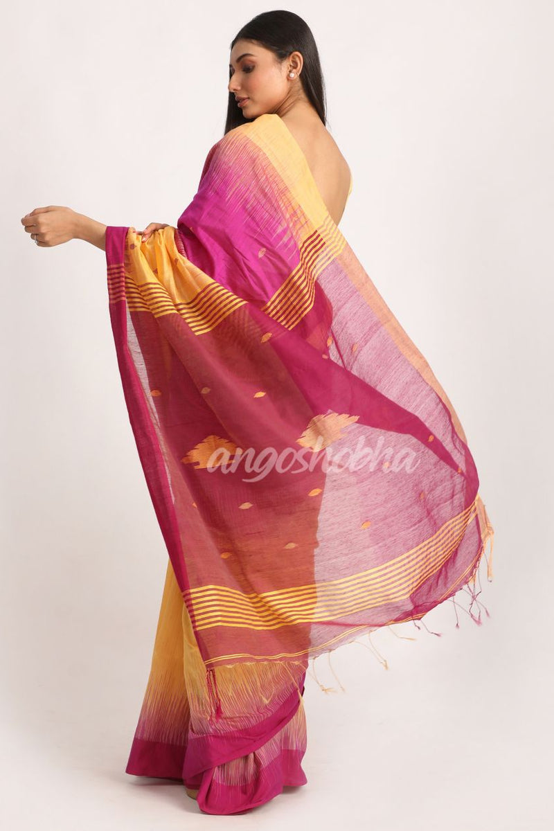Fuchsia Light Mustard Cotton Blend Handloom Tie Dye Jamdani Saree