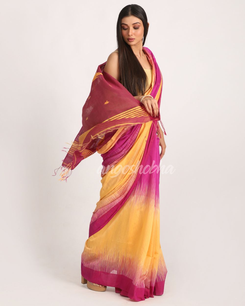 Fuchsia Light Mustard Cotton Blend Handloom Tie Dye Jamdani Saree angoshobha