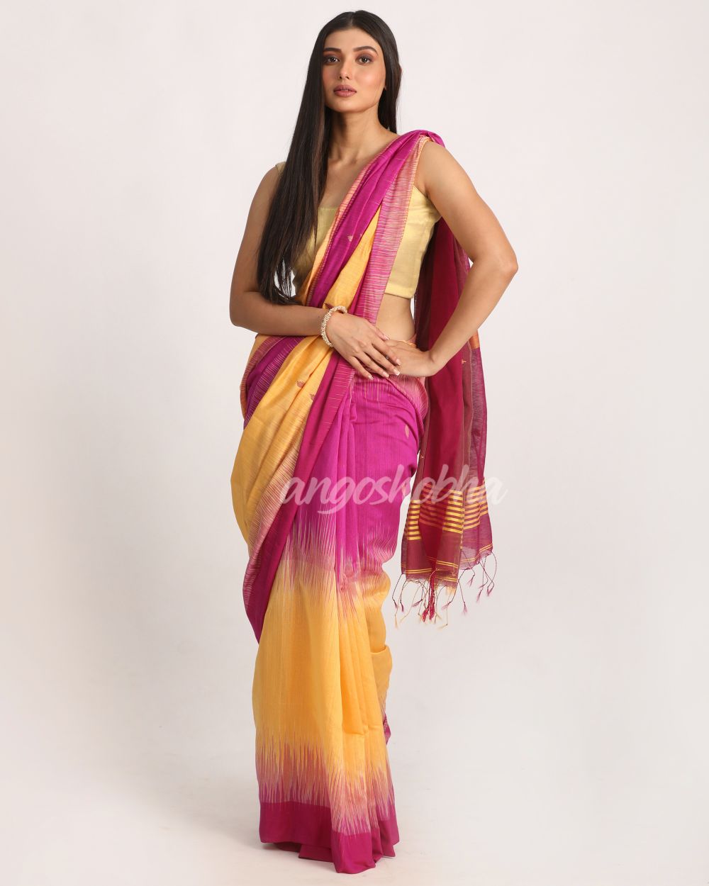 Fuchsia Light Mustard Cotton Blend Handloom Tie Dye Jamdani Saree angoshobha