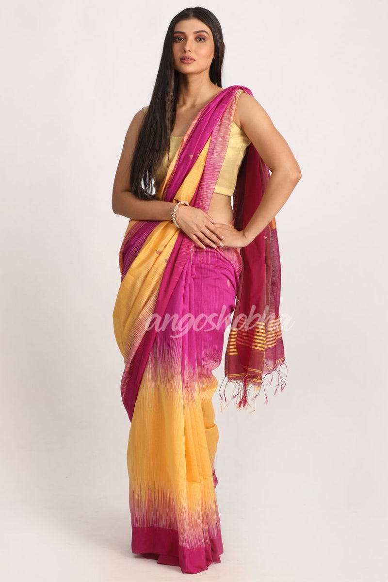 Fuchsia Light Mustard Cotton Blend Handloom Tie Dye Jamdani Saree