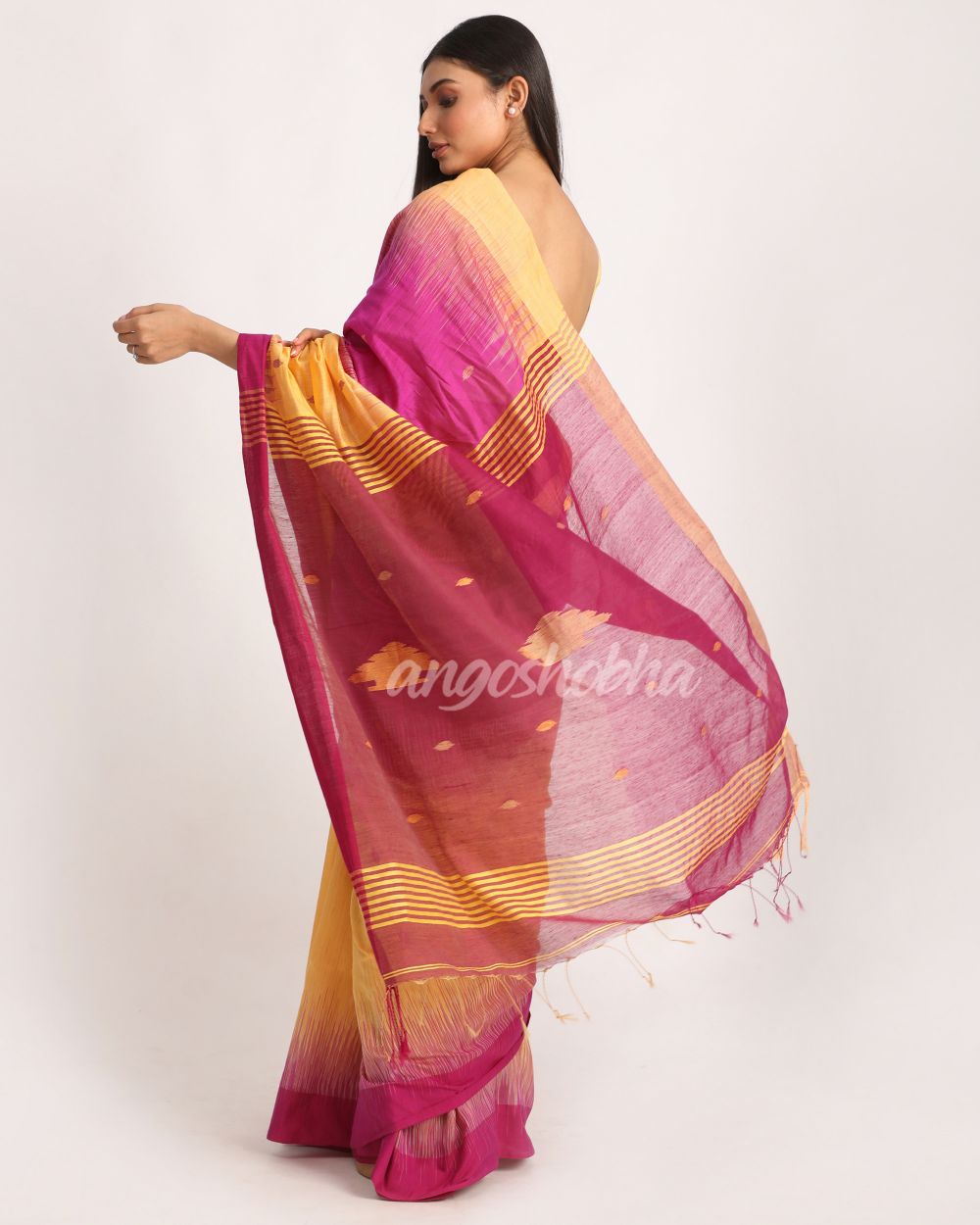 Fuchsia Light Mustard Cotton Blend Handloom Tie Dye Jamdani Saree angoshobha