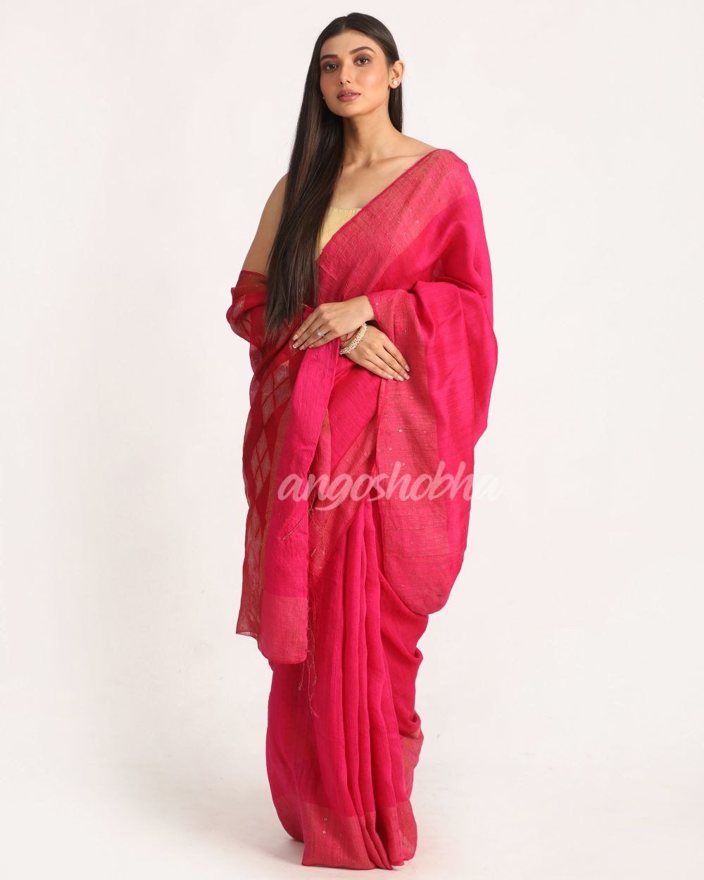 Fuchsia Matka Silk Handloom Traditional Sequin Jamdani Saree angoshobha