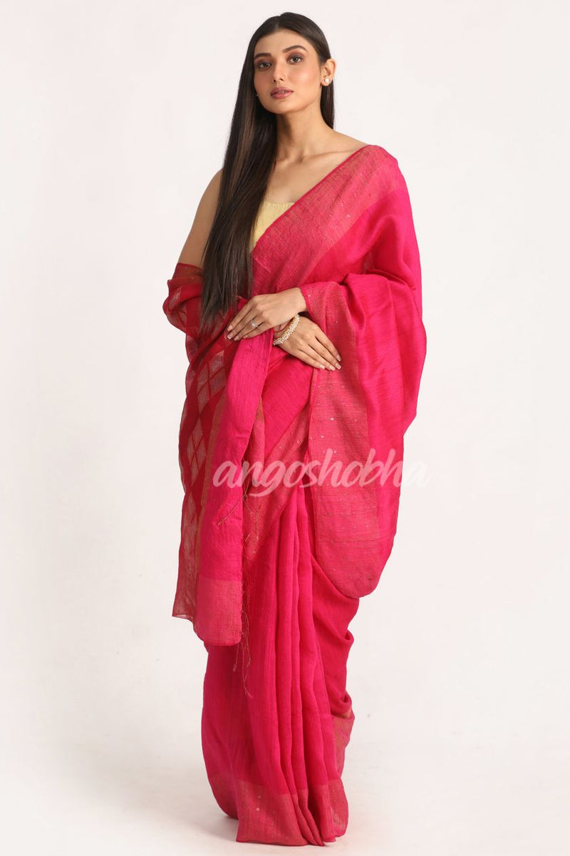 Fuchsia Matka Silk Handloom Traditional Sequin Jamdani Saree