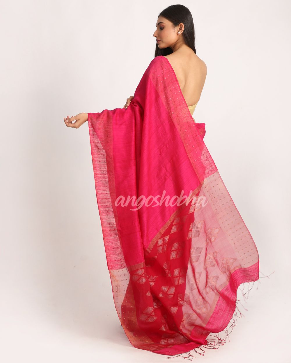 Fuchsia Matka Silk Handloom Traditional Sequin Jamdani Saree angoshobha