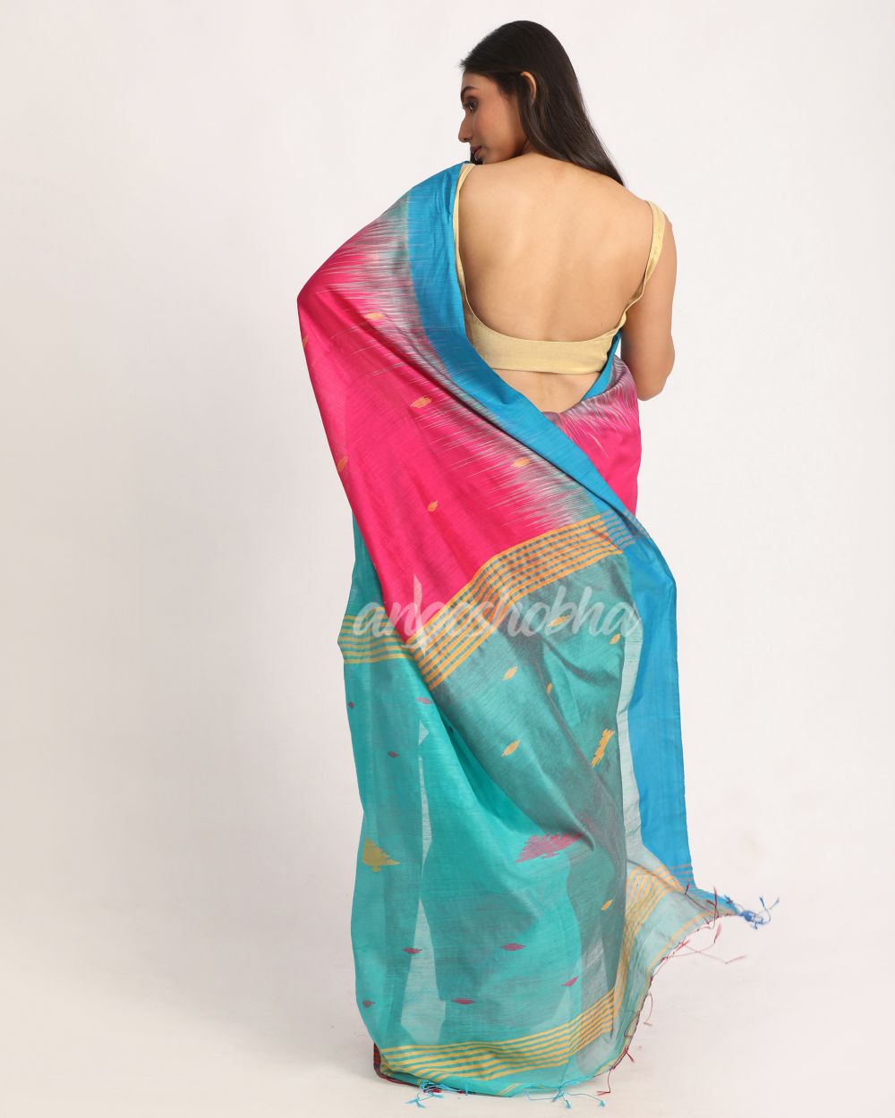 Fuchsia Turquoise Cotton Blend Handloom Tie Dye Jamdani Saree angoshobha