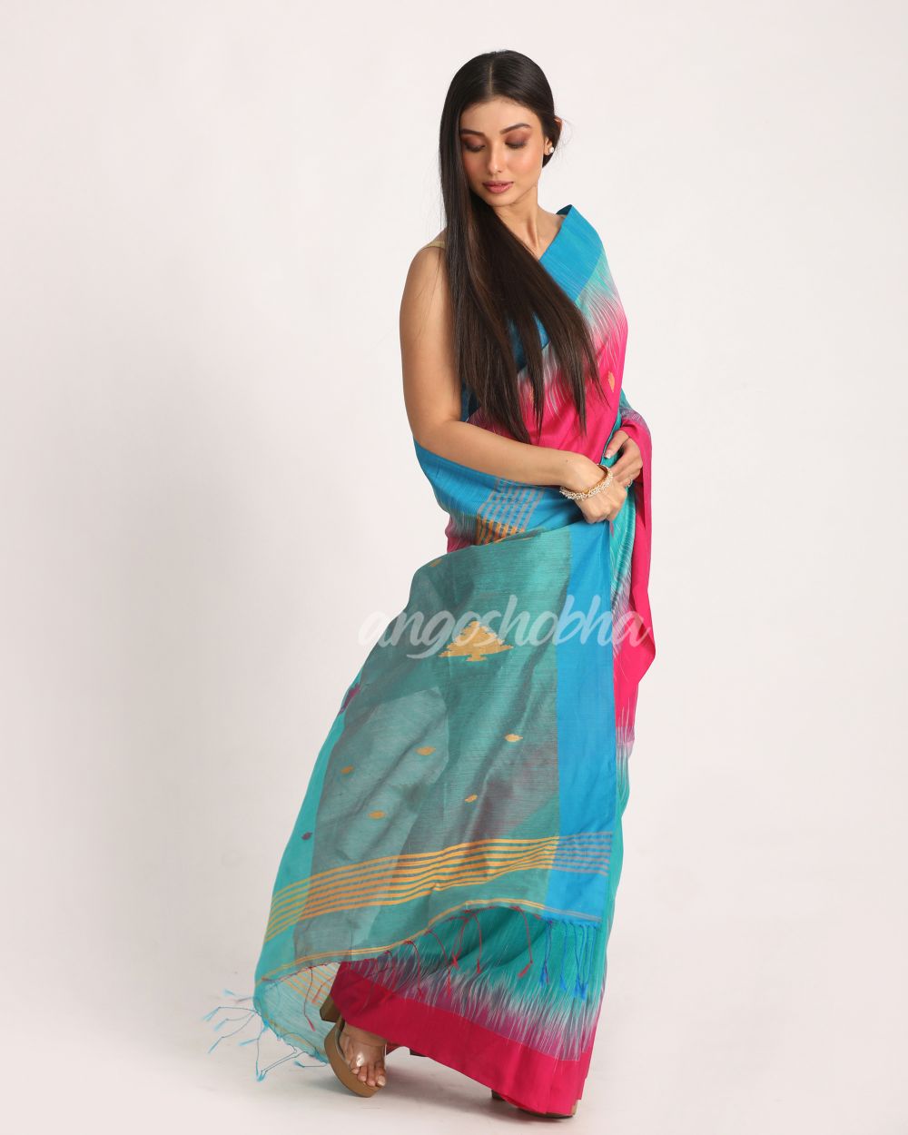 Fuchsia Turquoise Cotton Blend Handloom Tie Dye Jamdani Saree angoshobha