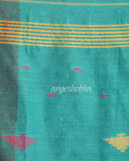 Fuchsia Turquoise Cotton Blend Handloom Tie Dye Jamdani Saree angoshobha