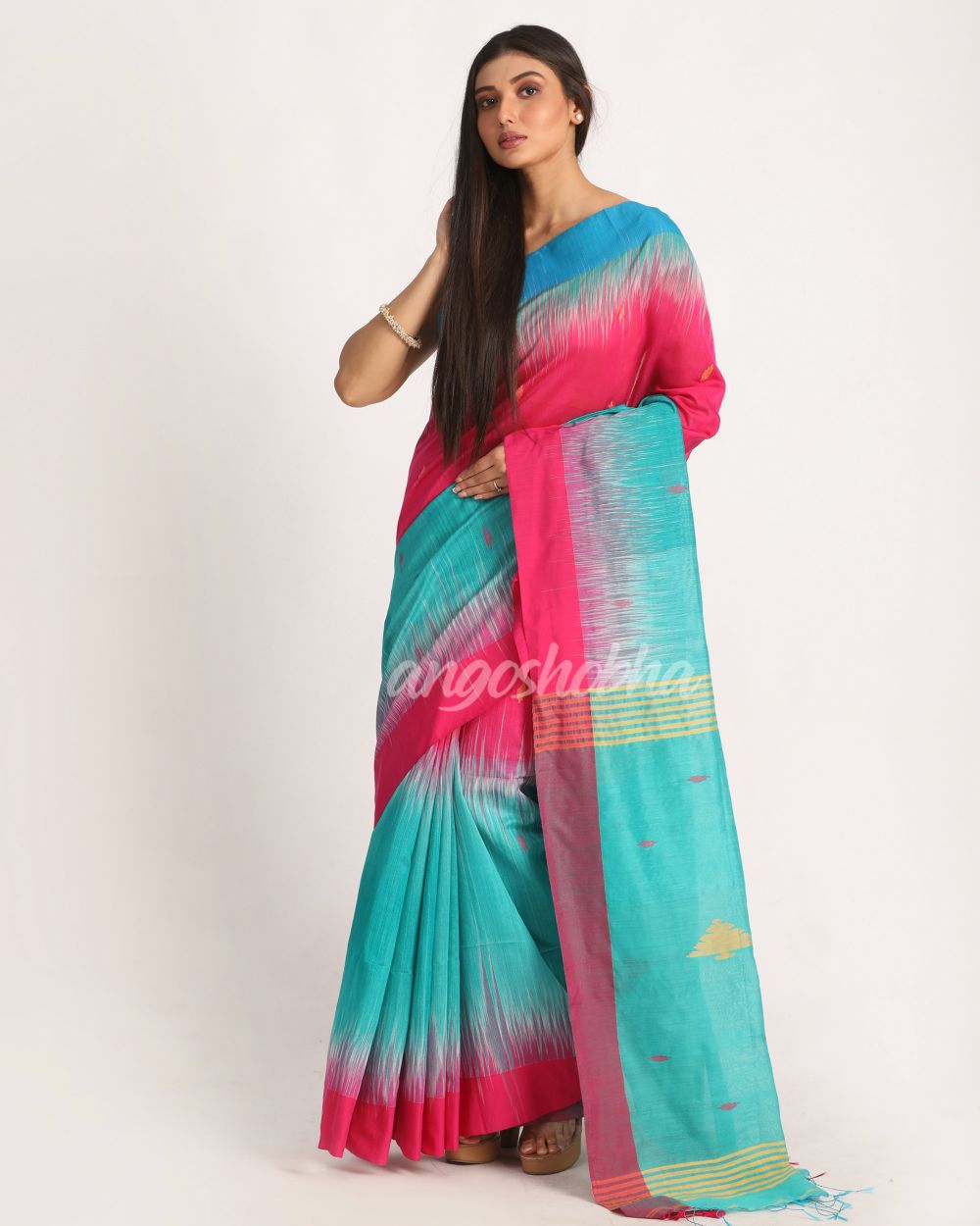 Fuchsia Turquoise Cotton Blend Handloom Tie Dye Jamdani Saree angoshobha