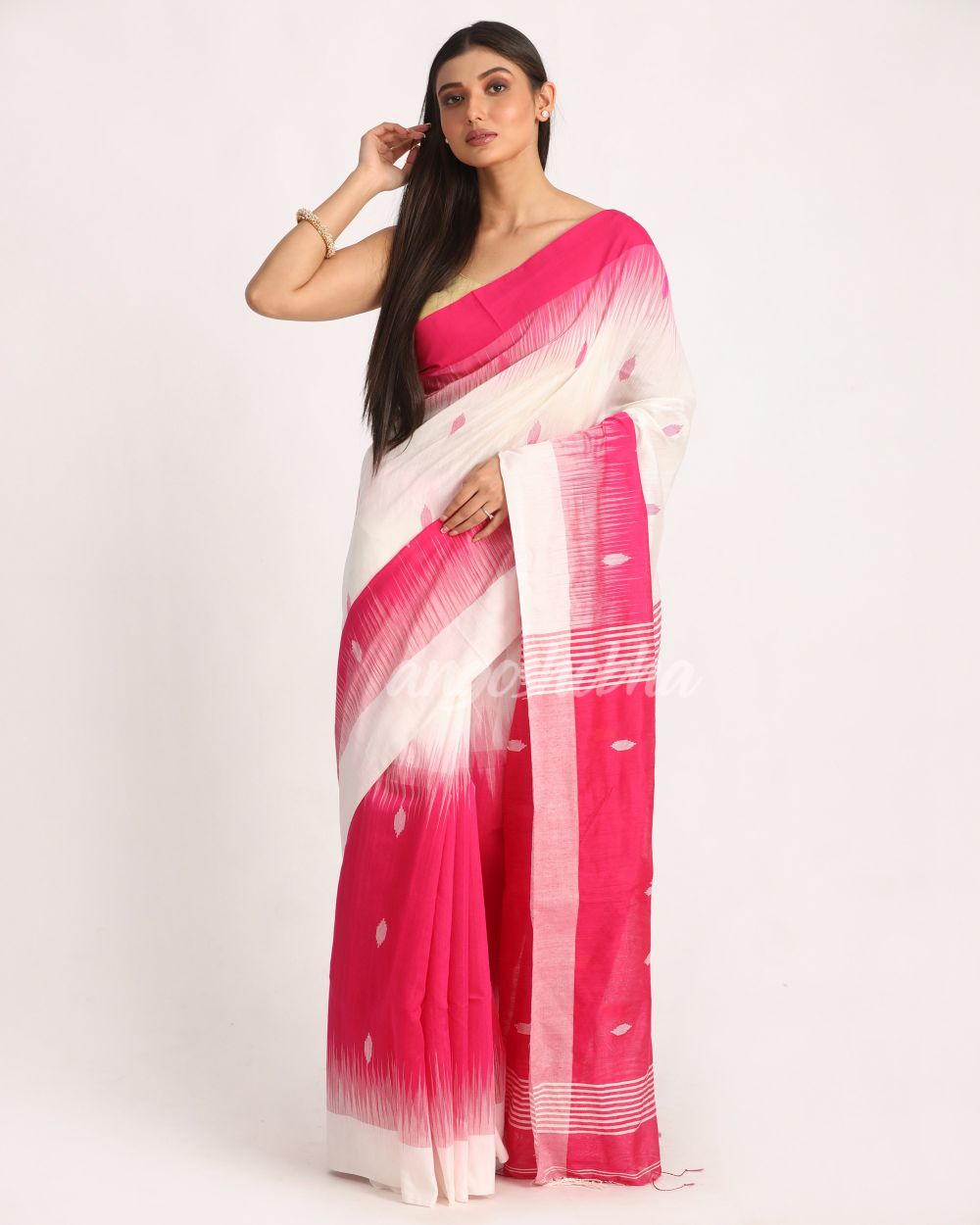 Fuchsia White Cotton Blend Handloom Tie Dye Jamdani Saree angoshobha