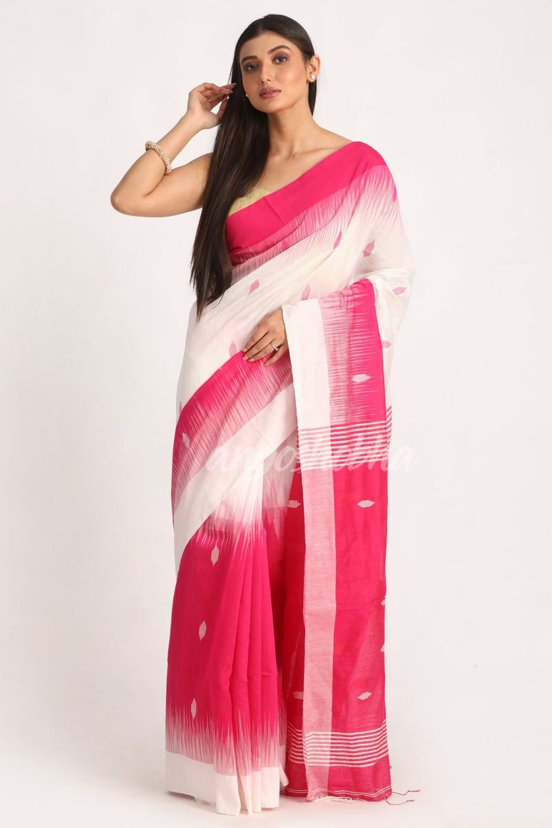 Fuchsia White Cotton Blend Handloom Tie Dye Jamdani Saree