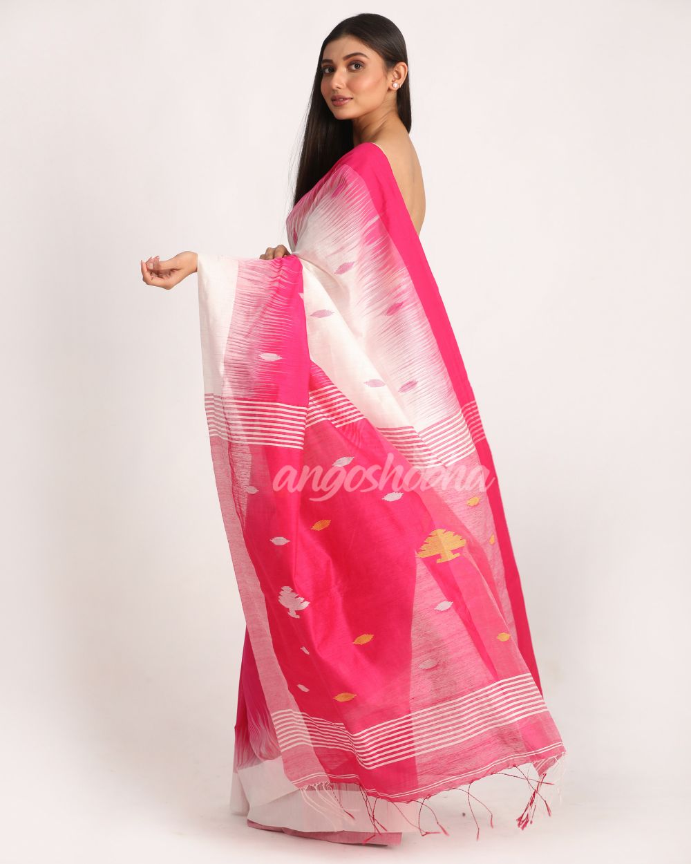 Fuchsia White Cotton Blend Handloom Tie Dye Jamdani Saree angoshobha