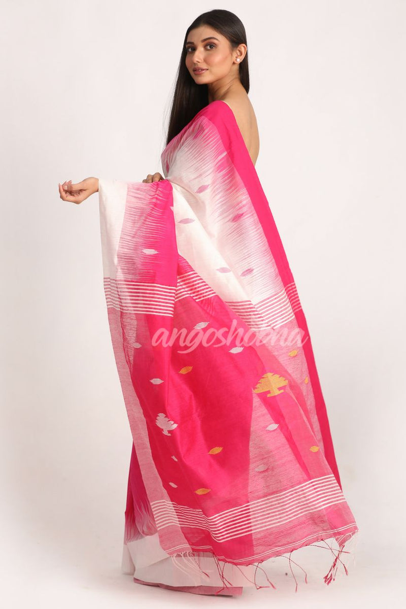 Fuchsia White Cotton Blend Handloom Tie Dye Jamdani Saree
