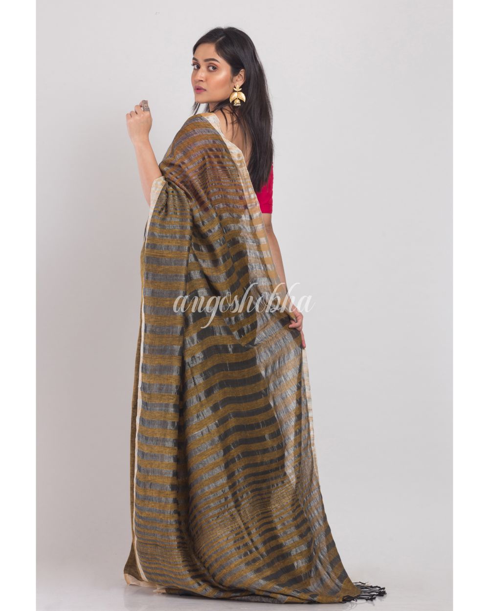 Gold Handloom Linen Saree angoshobha