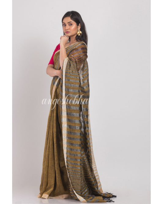 Gold Handloom Linen Saree angoshobha