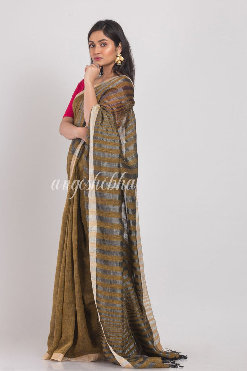 Gold Handloom Linen Saree