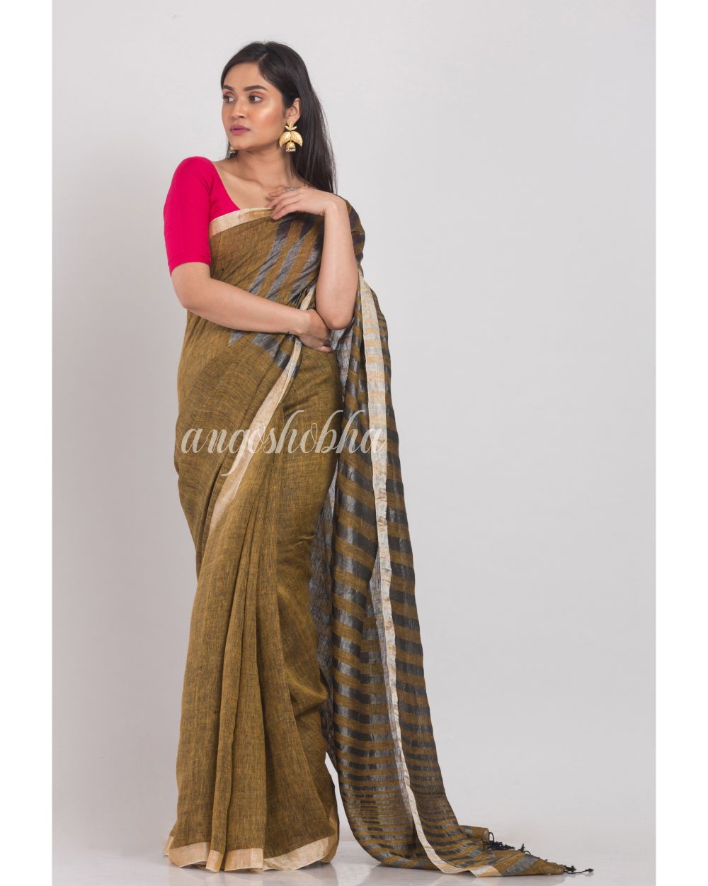 Gold Handloom Linen Saree angoshobha