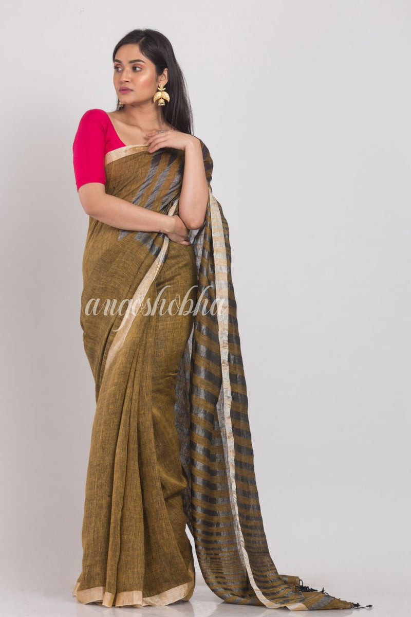 Gold Handloom Linen Saree