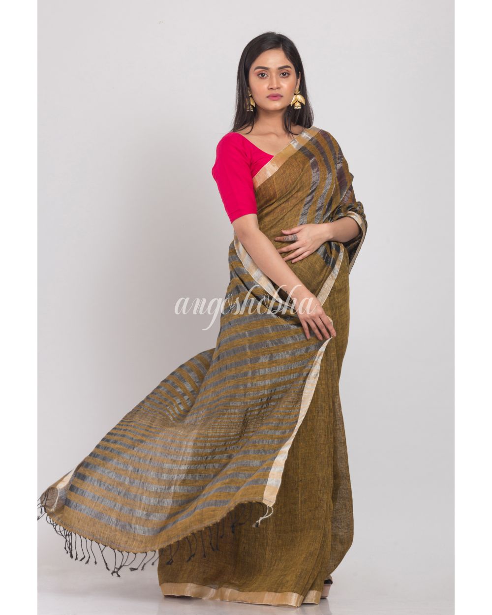 Gold Handloom Linen Saree angoshobha