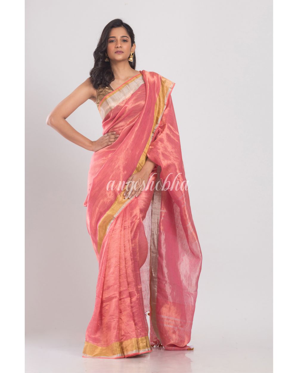 Gold Silver Pink Handwoven Linen Tissue Saree angoshobha