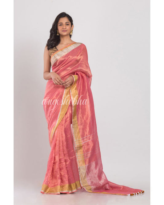 Gold Silver Pink Handwoven Linen Tissue Saree angoshobha