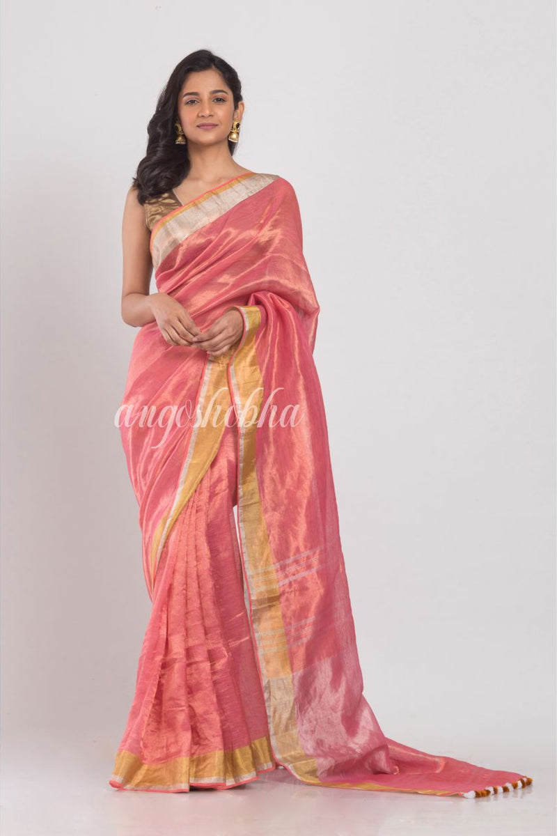 Gold Silver Pink Handwoven Linen Tissue Saree