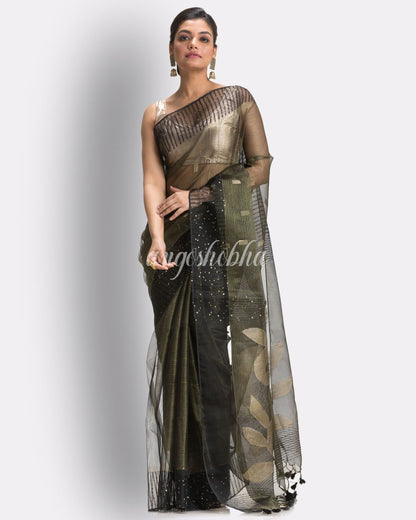 Golden Grey Art Silk Muslin Handloom Jamdani Saree angoshobha