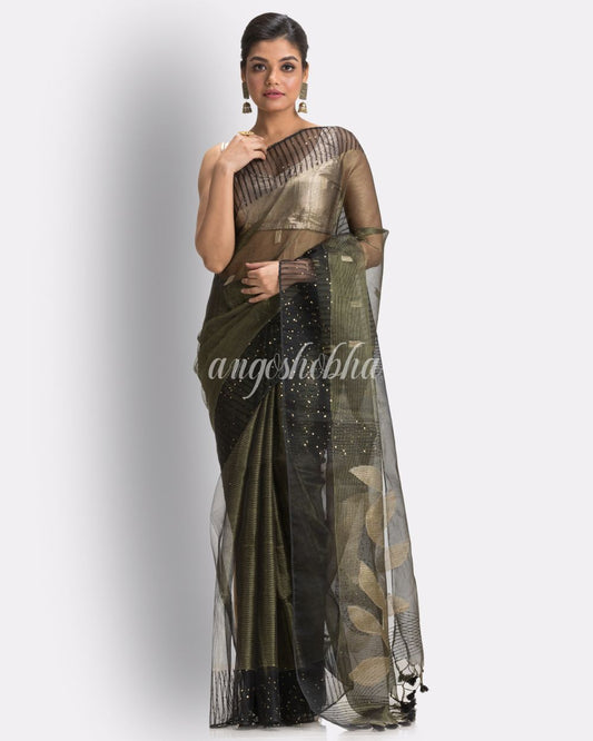 Golden Grey Art Silk Muslin Handloom Jamdani Saree angoshobha