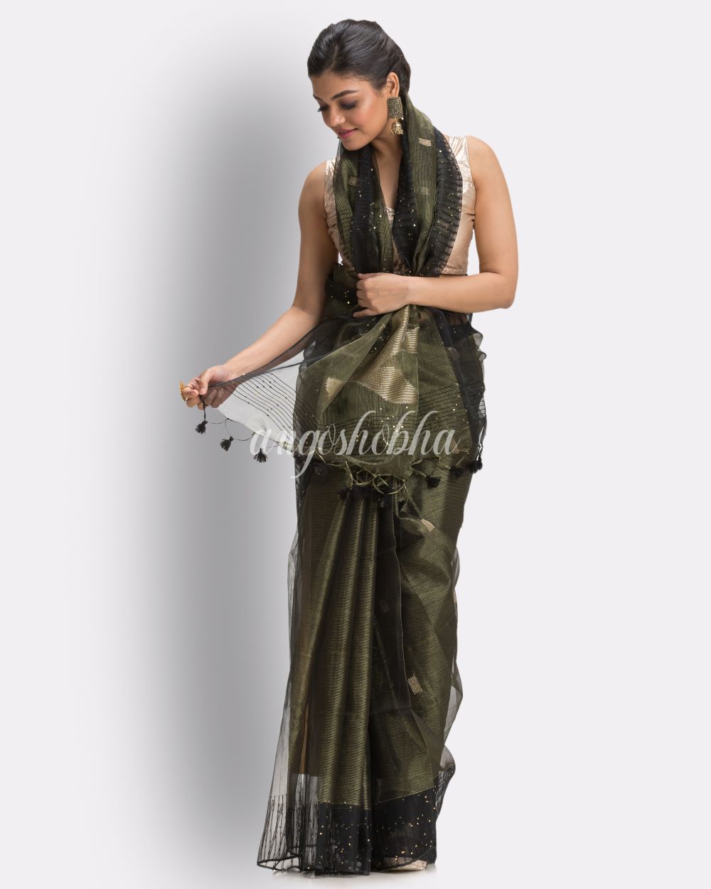 Golden Grey Art Silk Muslin Handloom Jamdani Saree angoshobha