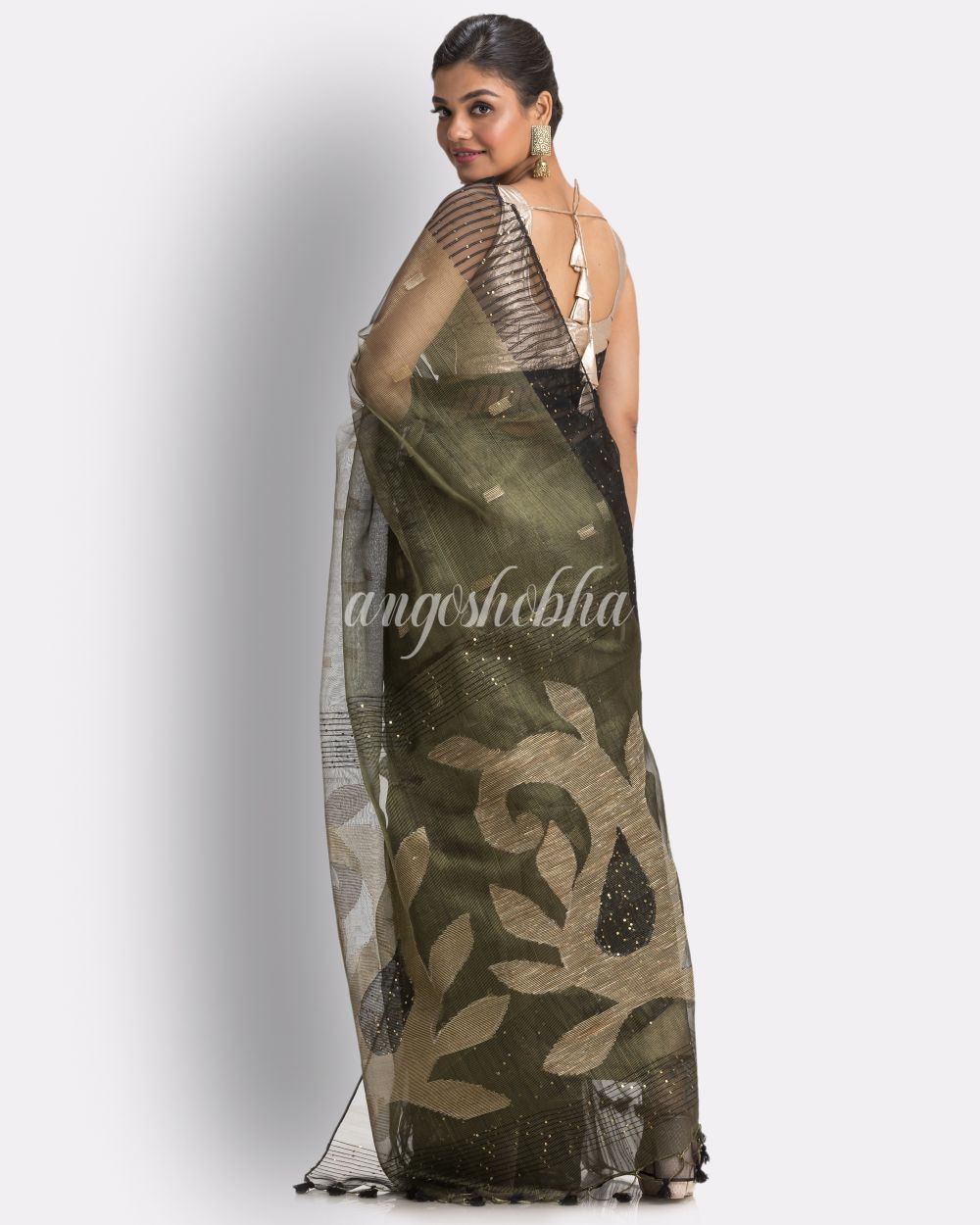 Golden Grey Art Silk Muslin Handloom Jamdani Saree angoshobha