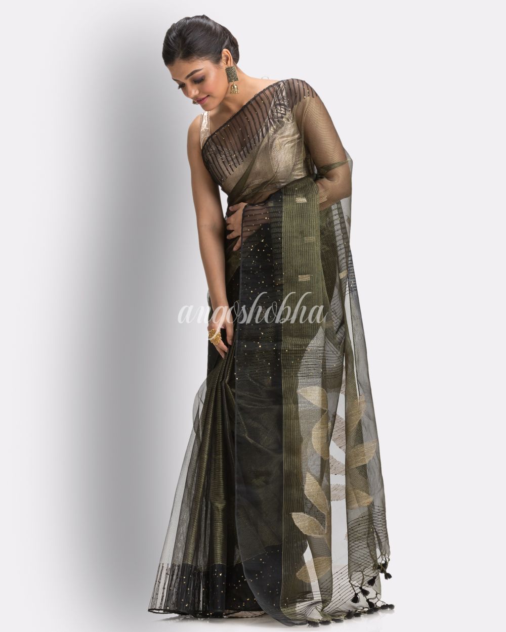 Golden Grey Art Silk Muslin Handloom Jamdani Saree angoshobha