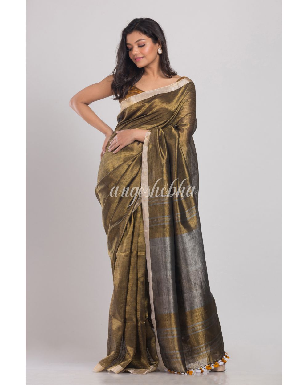 Golden Handwoven Linen Tissue Saree angoshobha