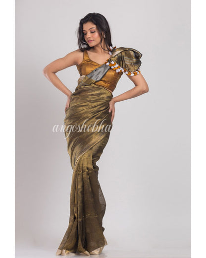 Golden Handwoven Linen Tissue Saree angoshobha