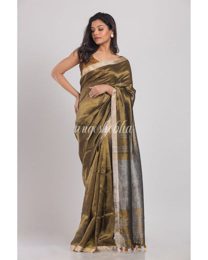 Golden Handwoven Linen Tissue Saree angoshobha