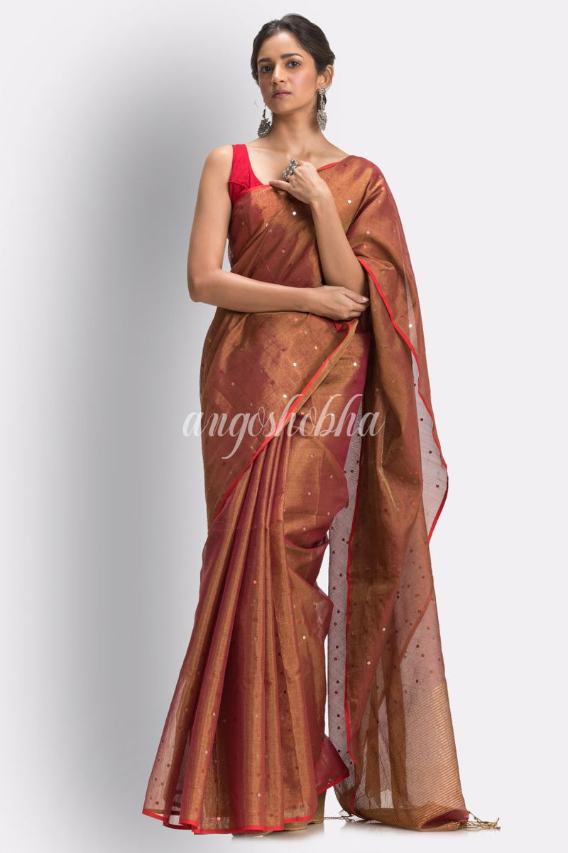Golden Maroon Art Silk Muslin Handloom Sequin Saree