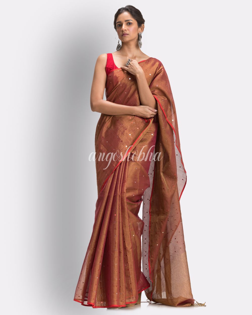 Golden Maroon Art Silk Muslin Handloom Sequin Saree angoshobha