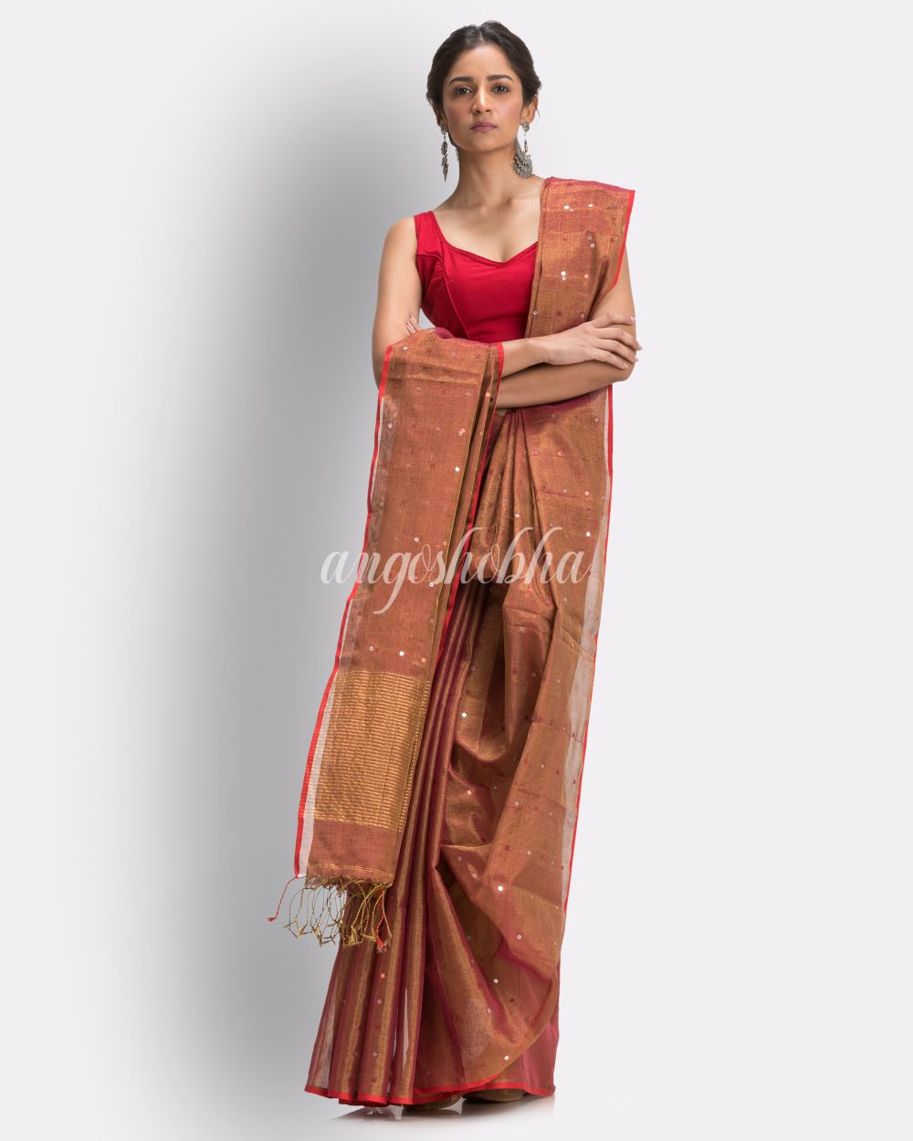 Golden Maroon Art Silk Muslin Handloom Sequin Saree angoshobha