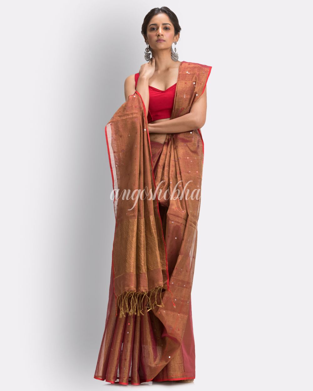 Golden Maroon Art Silk Muslin Handloom Sequin Saree angoshobha