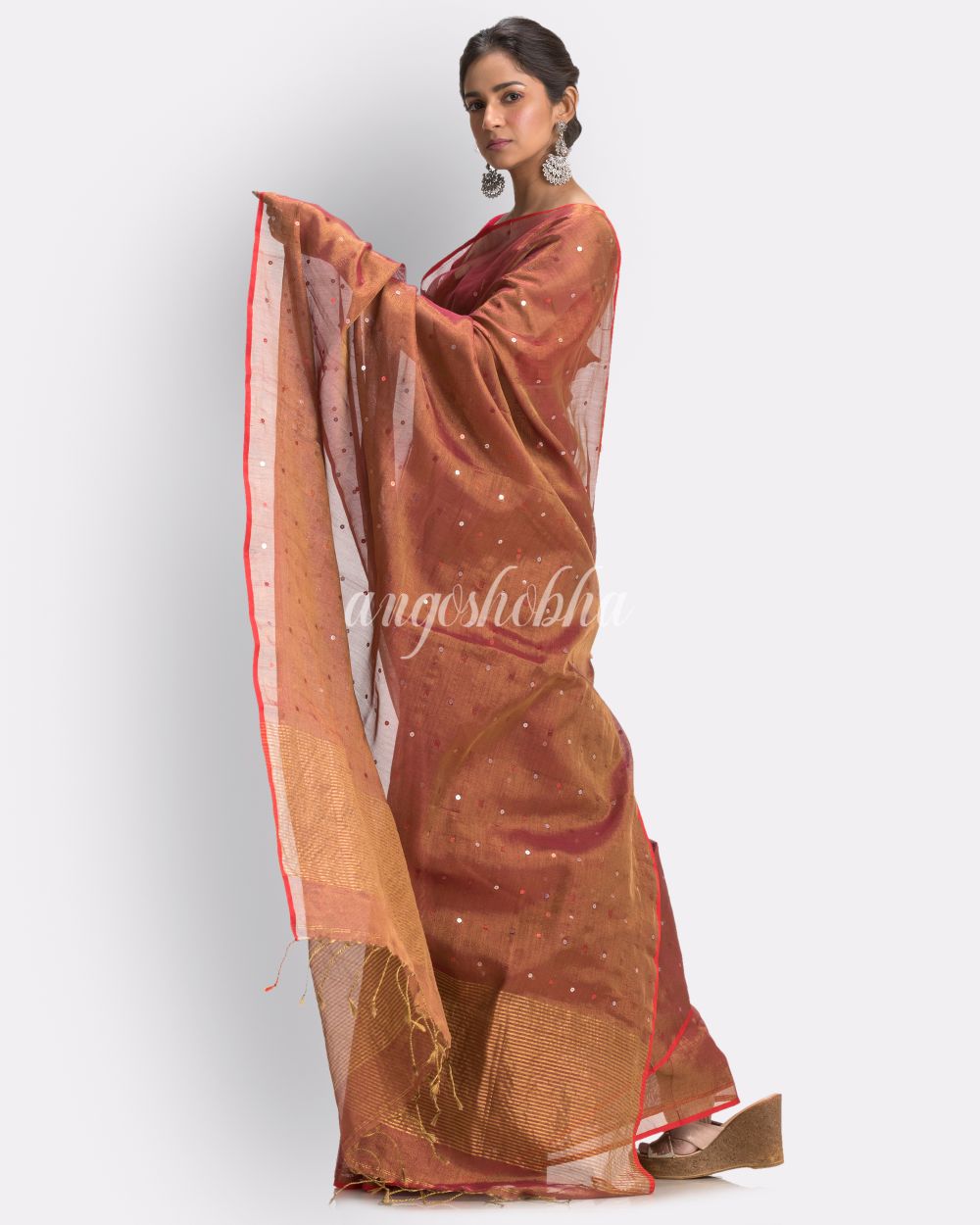 Golden Maroon Art Silk Muslin Handloom Sequin Saree angoshobha