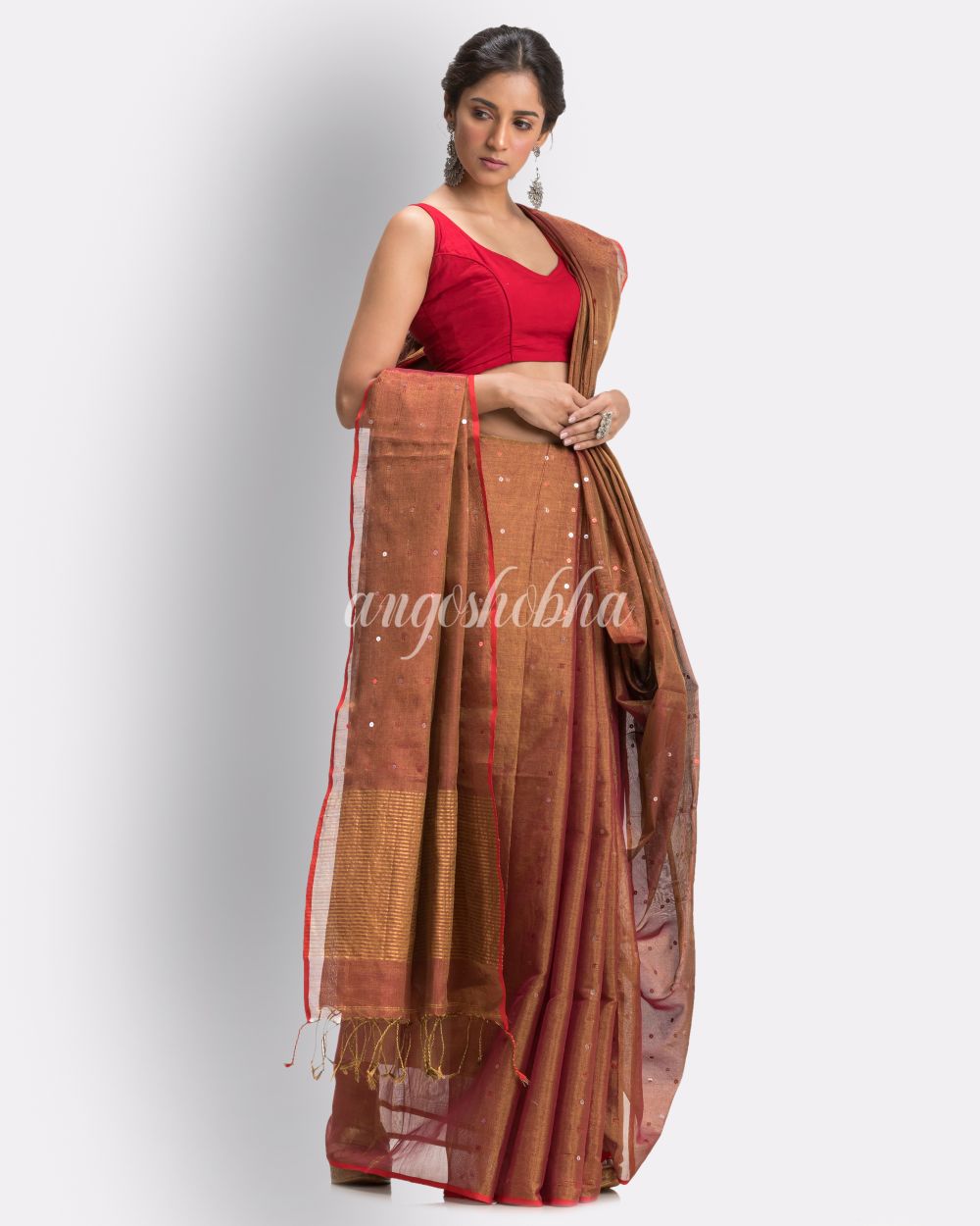 Golden Maroon Art Silk Muslin Handloom Sequin Saree angoshobha