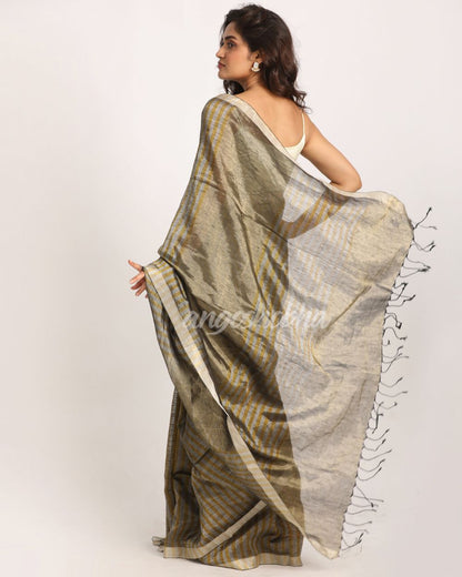 Golden Silver Check Traditional Handloom Tissue Linen Saree angoshobha