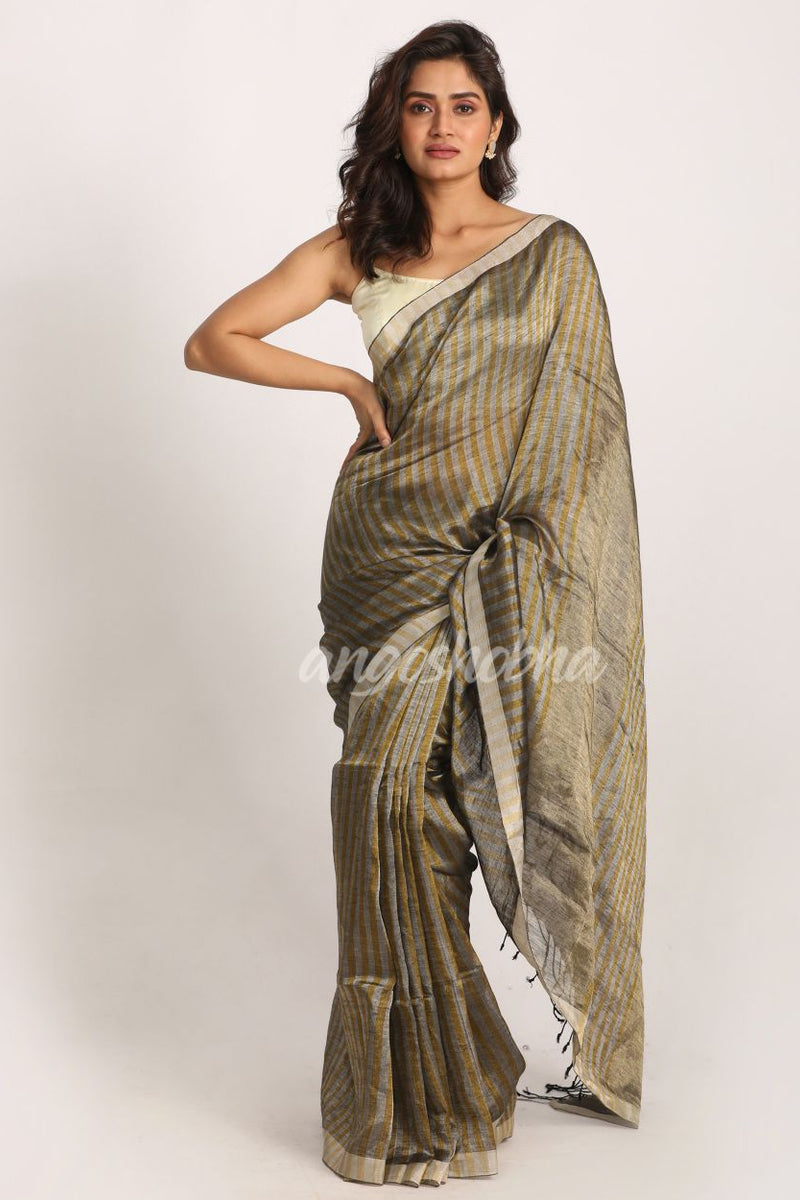Golden Silver Check Traditional Handloom Tissue Linen Saree