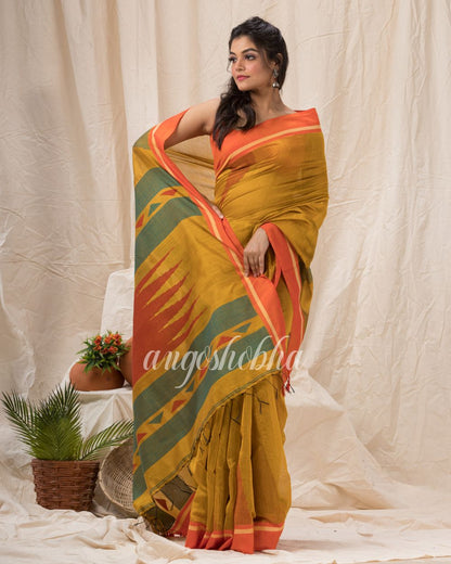 Golden Yellow Cotton Blend Temple Border Jamdani Saree angoshobha