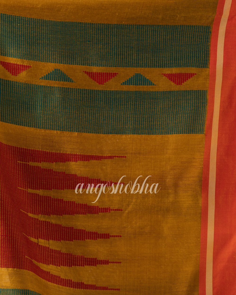 Golden Yellow Cotton Blend Temple Border Jamdani Saree angoshobha