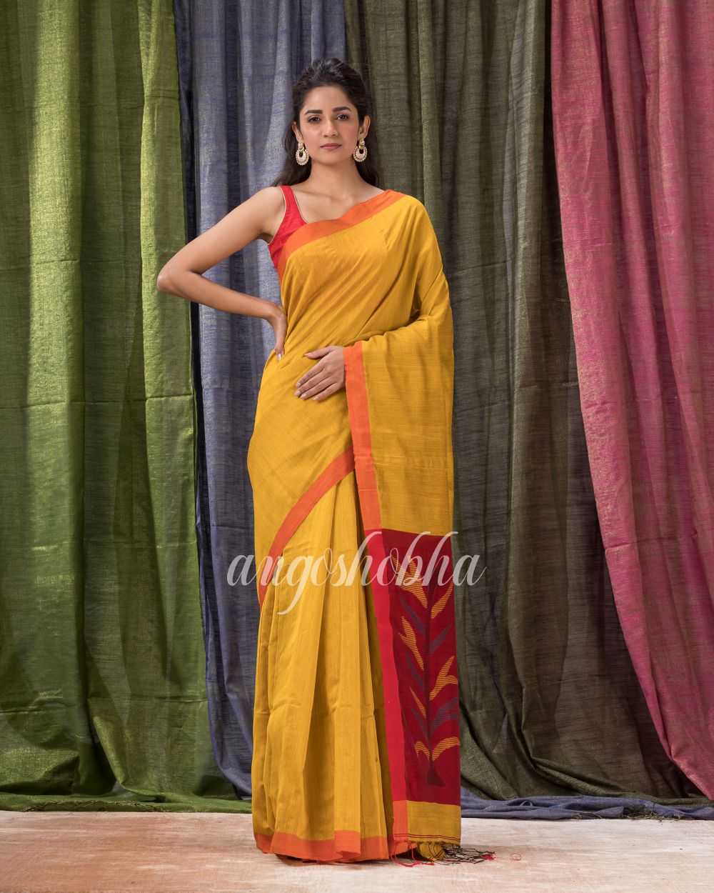 Golden Yellow Cotton Blend Traditional Jamdani Saree angoshobha