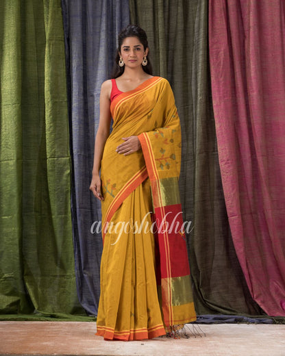 Golden Yellow Cotton Blend Traditional Jamdani Saree angoshobha