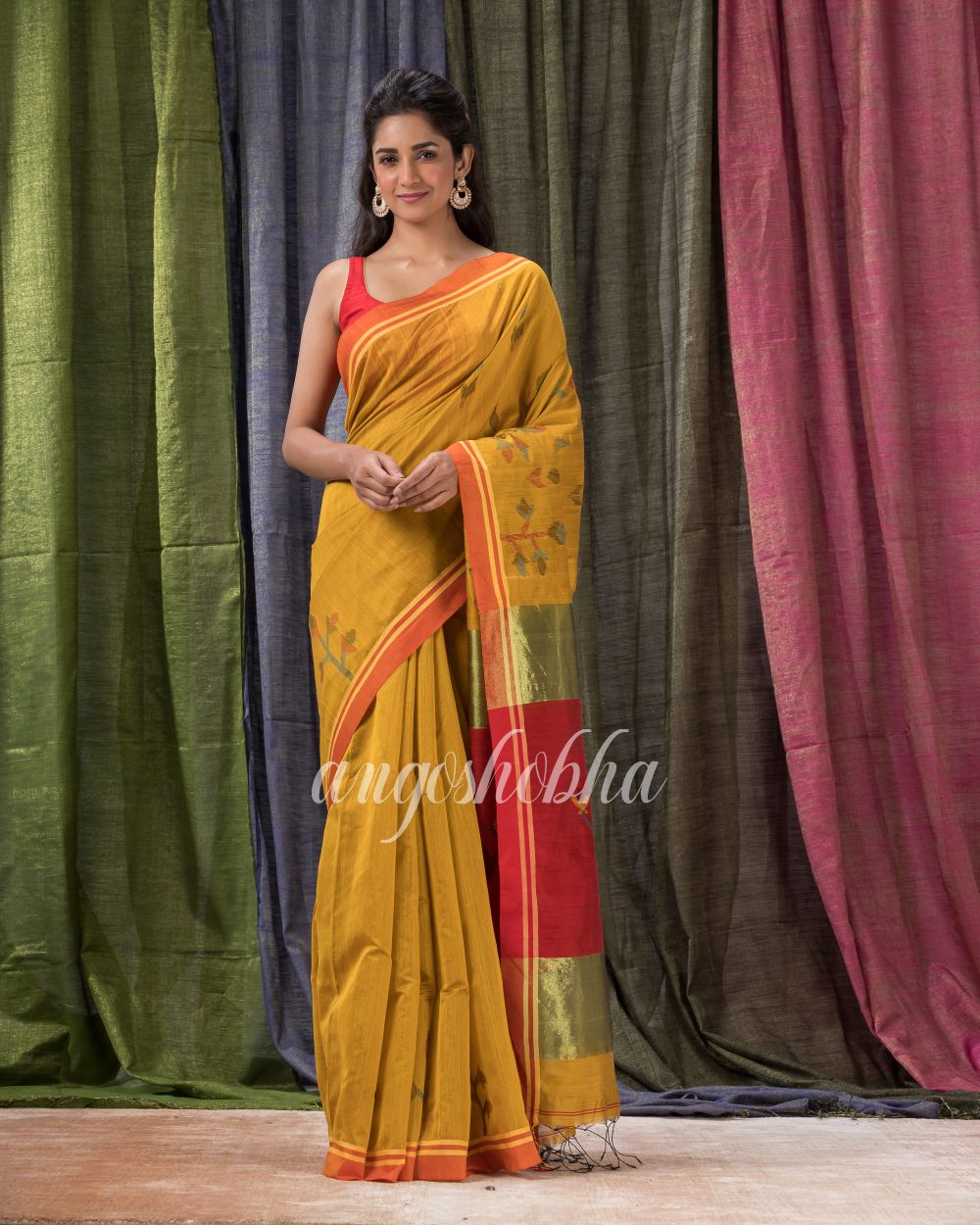 Golden Yellow Cotton Blend Traditional Jamdani Saree angoshobha