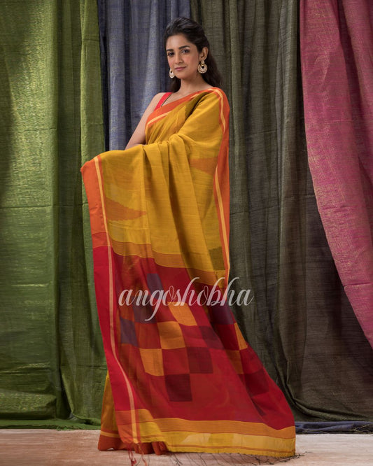 Golden Yellow Cotton Blend Traditional Jamdani Saree angoshobha