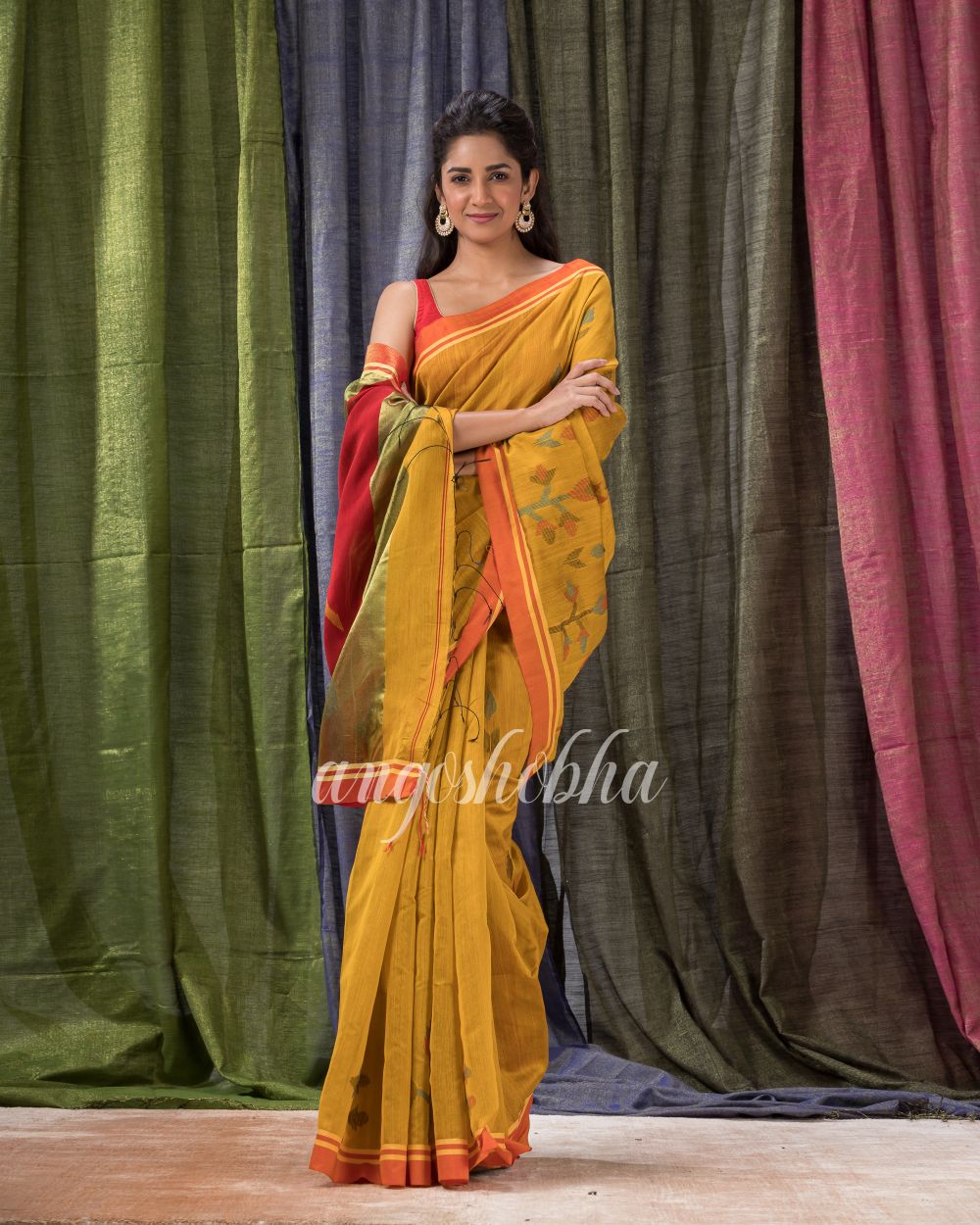 Golden Yellow Cotton Blend Traditional Jamdani Saree angoshobha