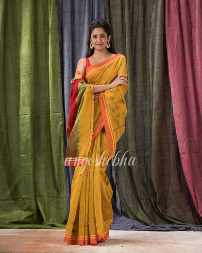 Golden Yellow Cotton Blend Traditional Jamdani Saree angoshobha