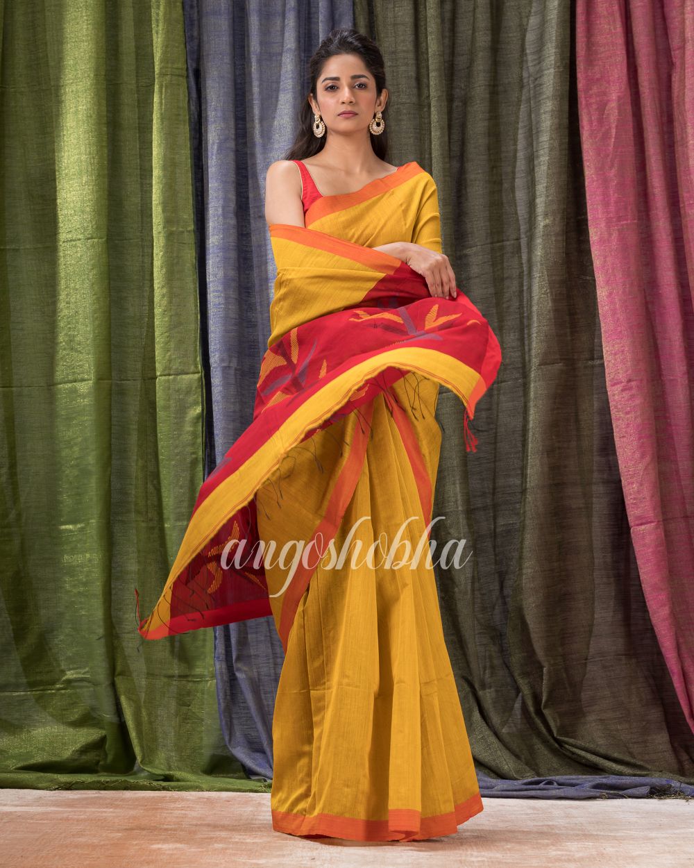 Golden Yellow Cotton Blend Traditional Jamdani Saree angoshobha